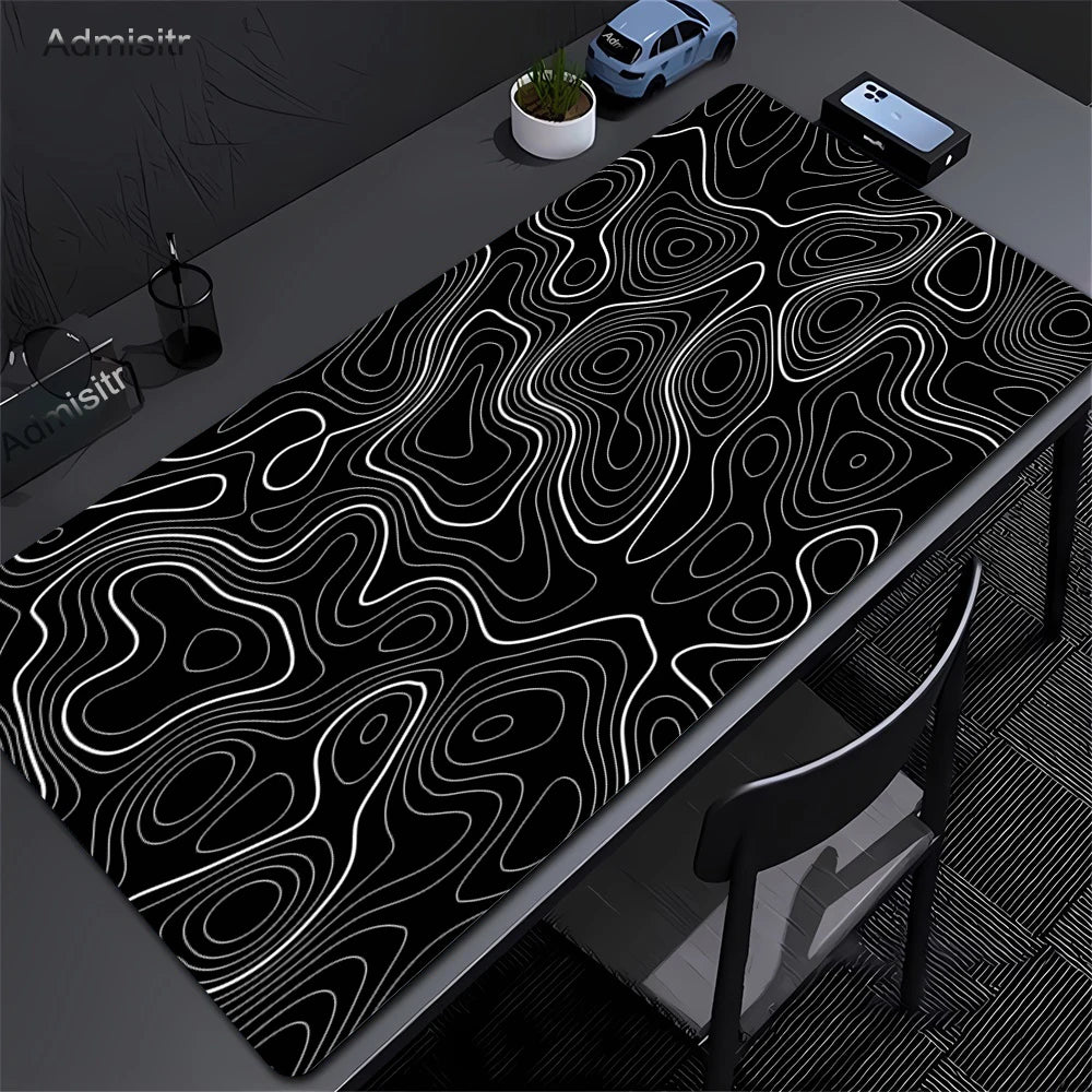 XXL Black & White Abstract Desk Mat - Liquid Strata Gaming Mouse Pad, Large Non-Slip Locking-Edge Deskmat
