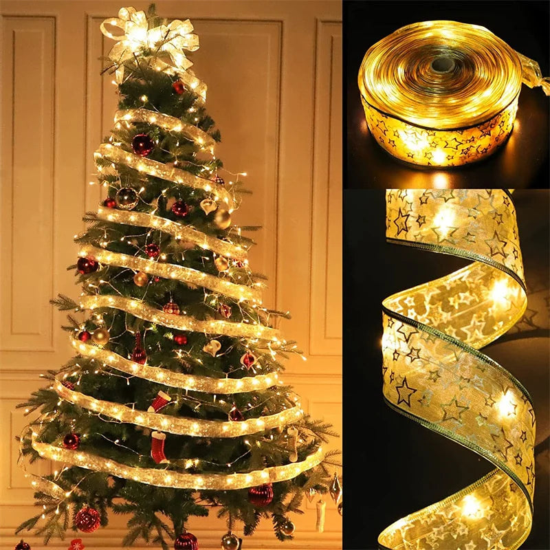Christmas Ribbon LED Fairy Lights – 2m/5m/10m (6.6ft/16.4ft/32.8ft) Battery-Powered Ribbon String Lights for Home, Tree & Holiday Decor