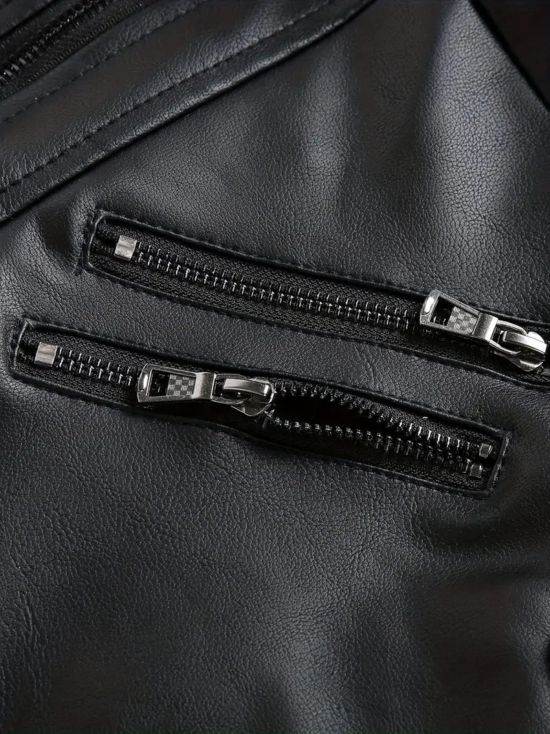Men's Slim Fit PU Motorcycle Leather Jacket - Windproof Biker Coat with Detachable Hood & Zipper