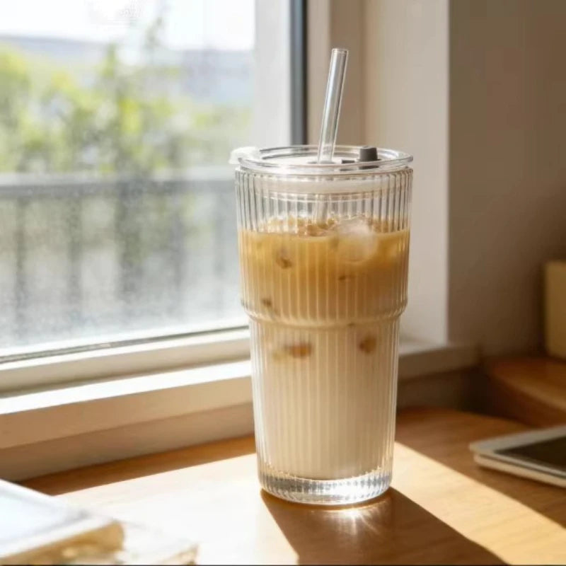 Vertical Ribbed Glass Tumbler 600ml (20.3 fl oz) with Lid & Straw — High-Temperature Resistant, Leak-Proof Office Coffee Cup
