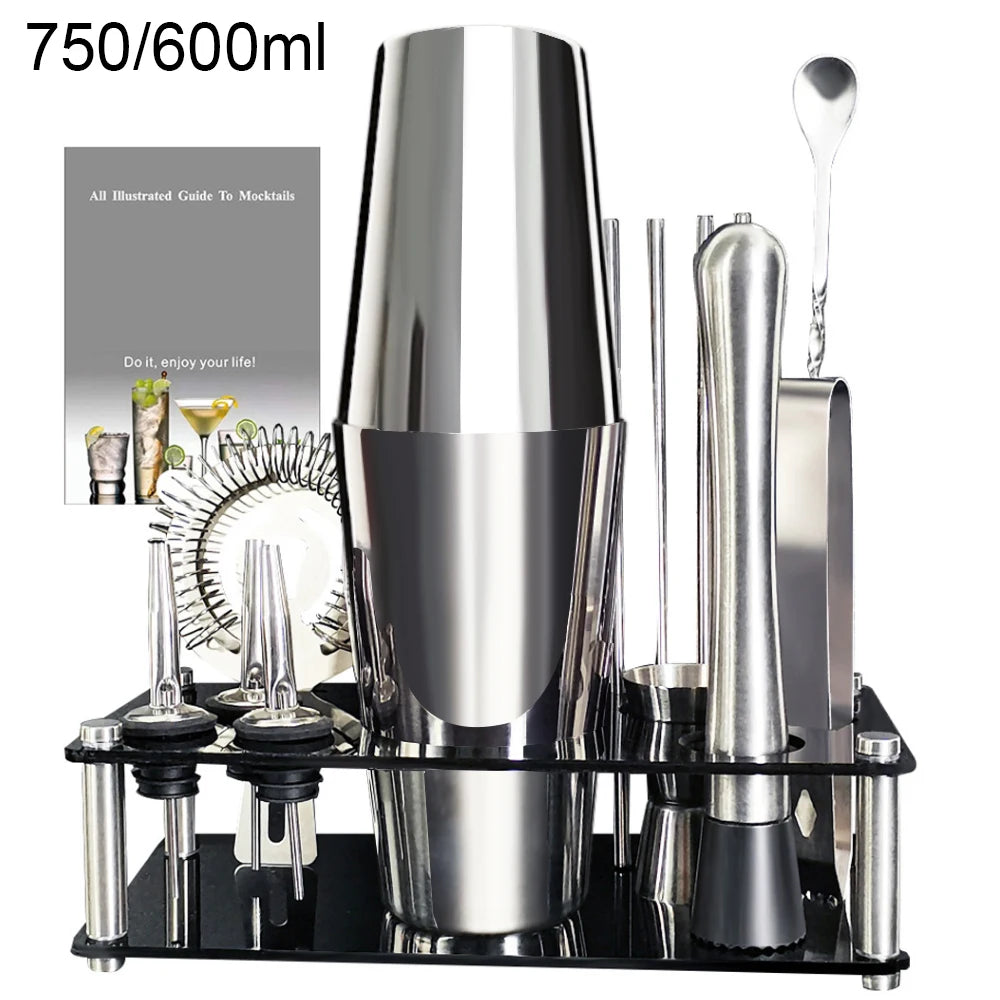 13-22 Pc Boston Cocktail Bar Tool Set – Stainless Steel Shakers 750ml/600ml with Acrylic Holder