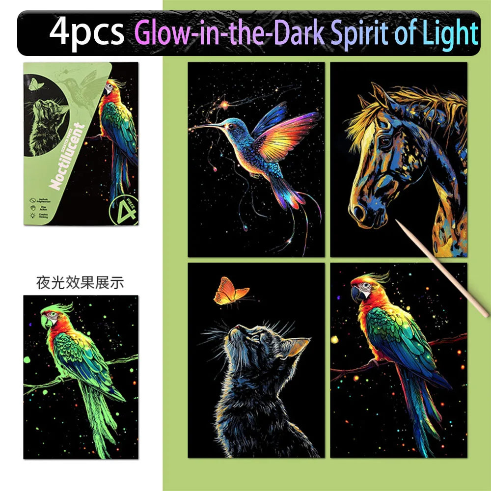 DIY Scratch Art Postcards A5 (20 x 14 cm | 7.9 x 5.5 in) 4‑Pack Night Scene Rainbow Scratch‑Off Sheets with Bamboo Stylus — Kids & Adult Craft Gift