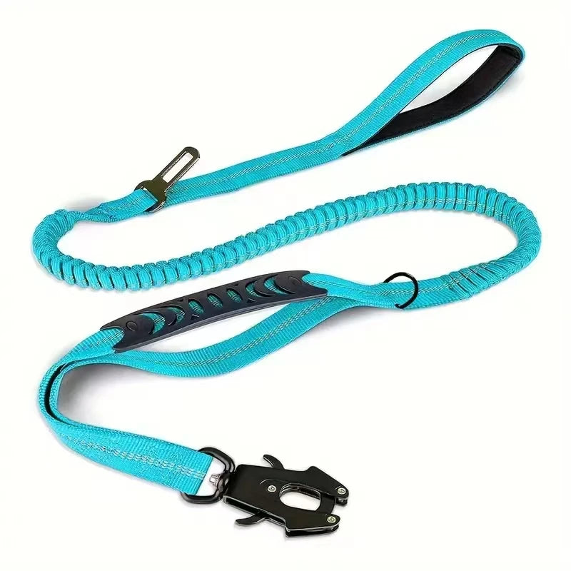 Tactical Heavy-Duty Dog Leash, 4–6 ft (120–180 cm) Shock-Absorbing Bungee with 2 Padded Handles, Metal Carabiner & Seatbelt Clip