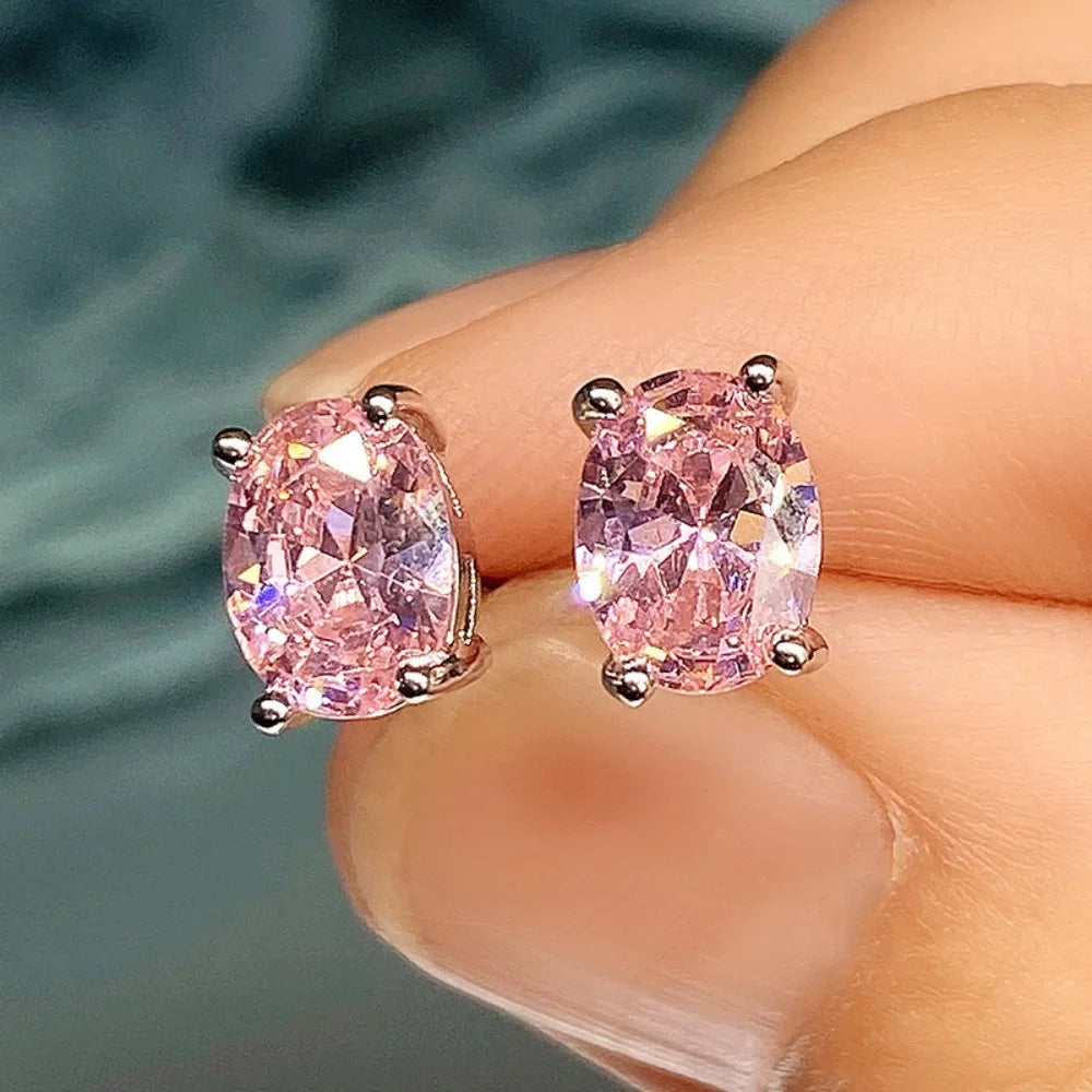 Oval Cubic Zirconia Four-Claw Stainless Steel Stud Earrings for Women - No-Fade Jewelry Gift