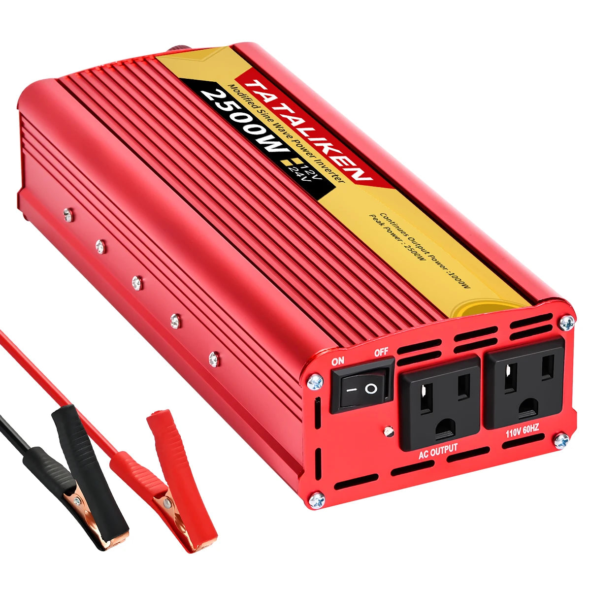 2000W Car Power Inverter 12V DC to 110V/220V AC 60Hz with Dual USB Quick Charge Adapter - Red
