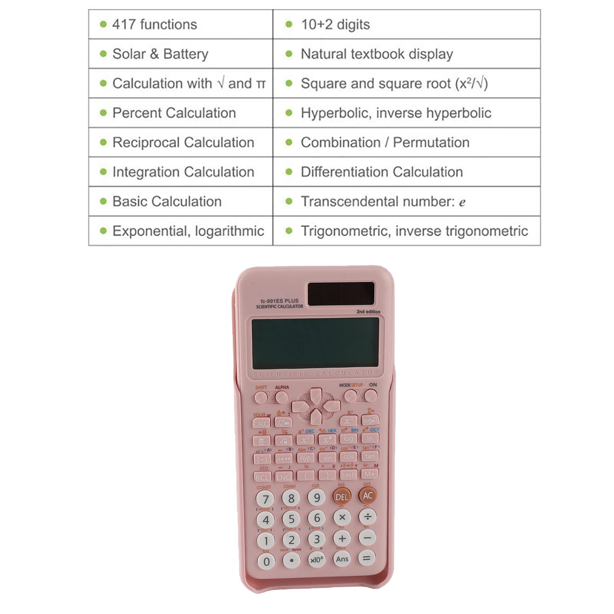 Scientific Calculator 417 Functions | 10+2 Digit Natural Display | Dual Solar & Button-Cell Power for Students