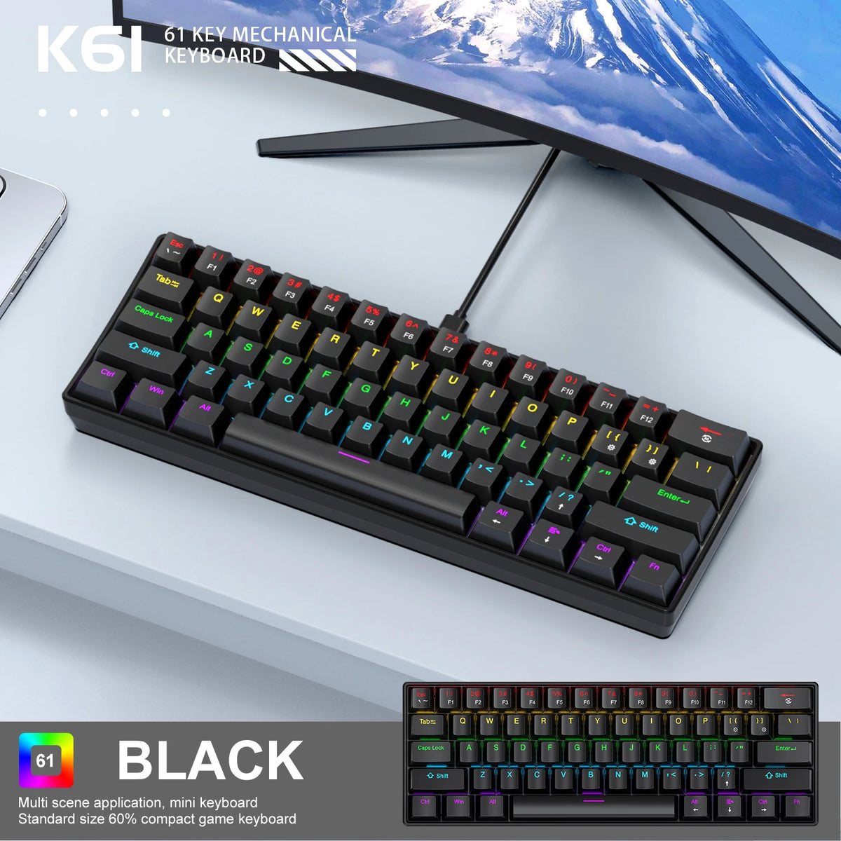 60% 61-Key Mechanical Keyboard Wired RGB – Compact Gaming Keyboard with Red/Blue Switches (Black, White)