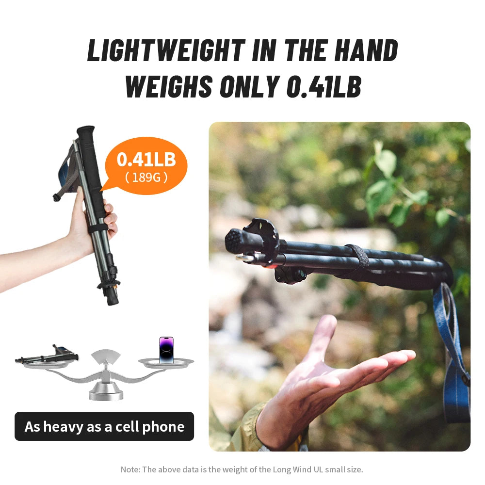 Ultralight Carbon Fiber 5-Section Folding Trekking Poles, Collapsible Quick-Lock Hiking Poles Adjustable 103–120 cm (40.6–47.2 in) or 115–135 cm (45.3–53.2 in)