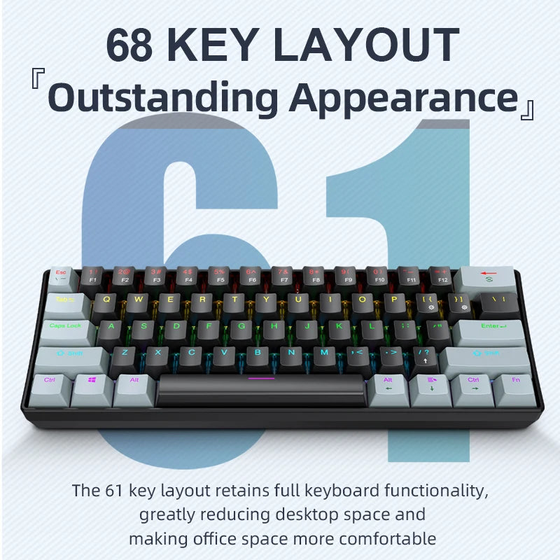 61-Key Wired Mechanical Keyboard USB-C — Blue or Red Switches, RGB Backlight