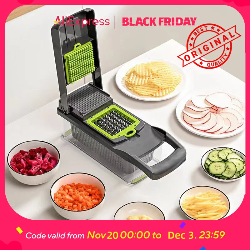 22-in-1 Multifunctional Kitchen Vegetable Chopper and Fruit Slicer with Container – Food Cutter, Shredder & Mincer
