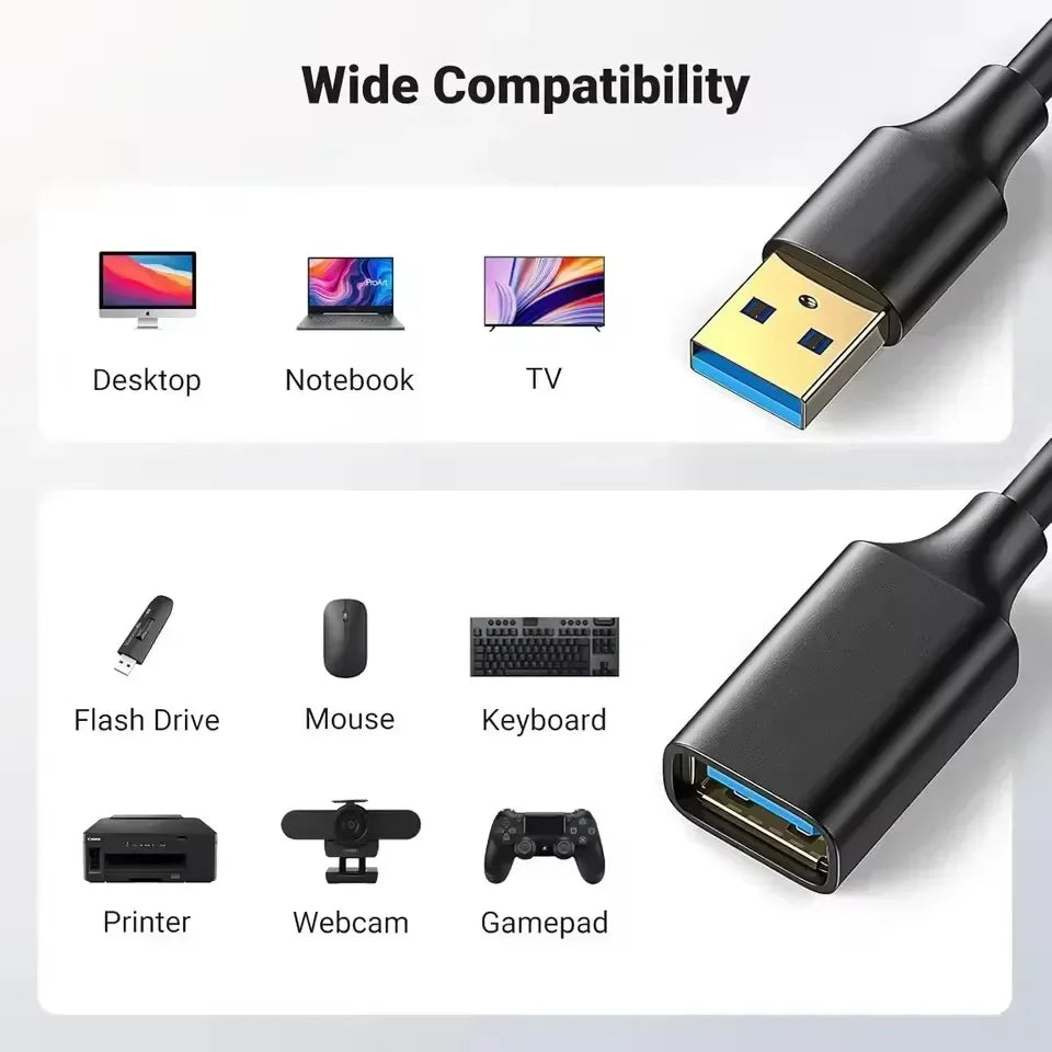 USB 3.0 & 2.0 High-Speed Extension Cable – 0.5/1/1.5/2/3 m (1.6/3.3/4.9/6.6/9.8 ft) for Smart TV, Xbox One, SSD, PC, Laptop