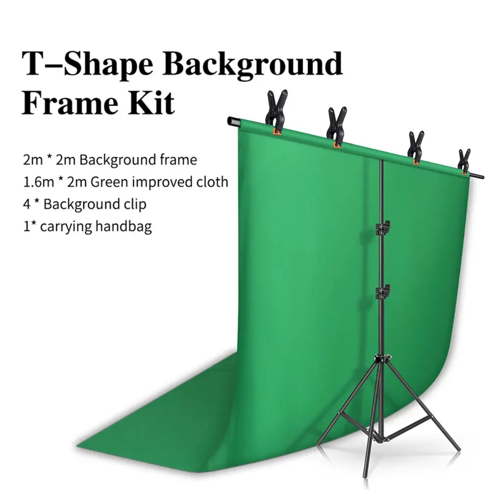 T-Shape Backdrop Stand Kit with 63 x 79 in (1.6 x 2.0 m) Green Screen Background Cloth – Adjustable Aluminum Photo Studio Frame