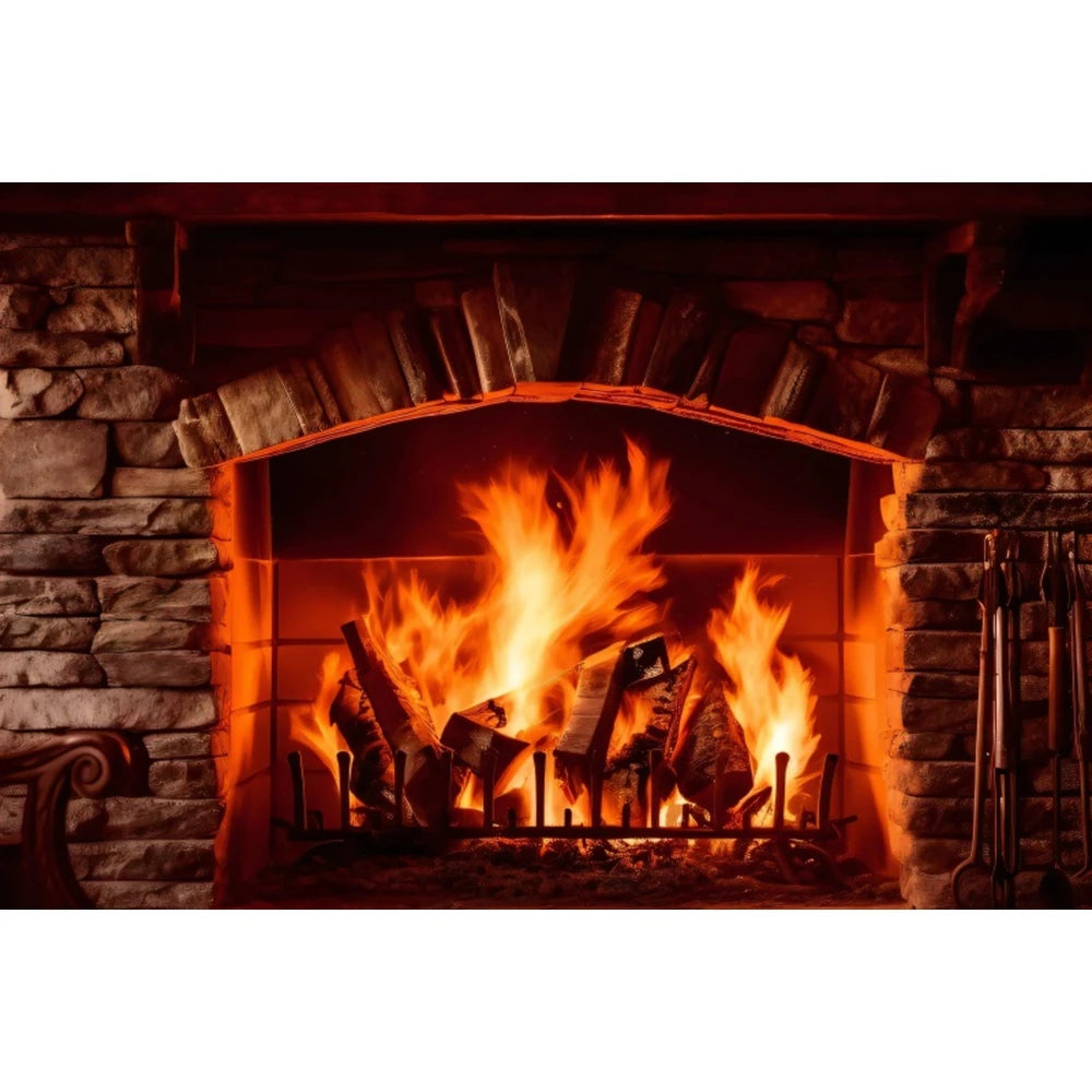 Christmas Fireplace Photography Backdrop - Burning Firewood Flame Brick Wall Photo Studio Background