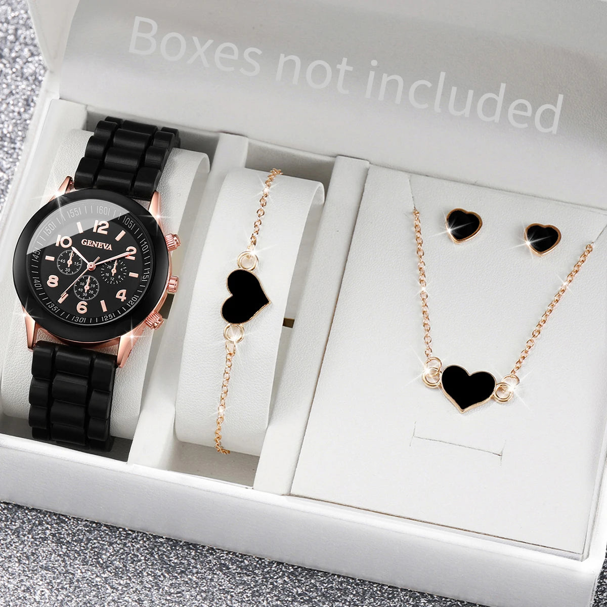 5/6-Piece Women's Quartz Watch & Jewelry Gift Set - Silicone Band, 38mm (1.50 in)