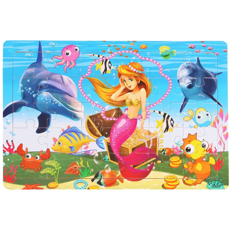 30-Piece Wooden Jigsaw Puzzle for Kids, Cartoon Animals & Vehicles, Early Learning Toy