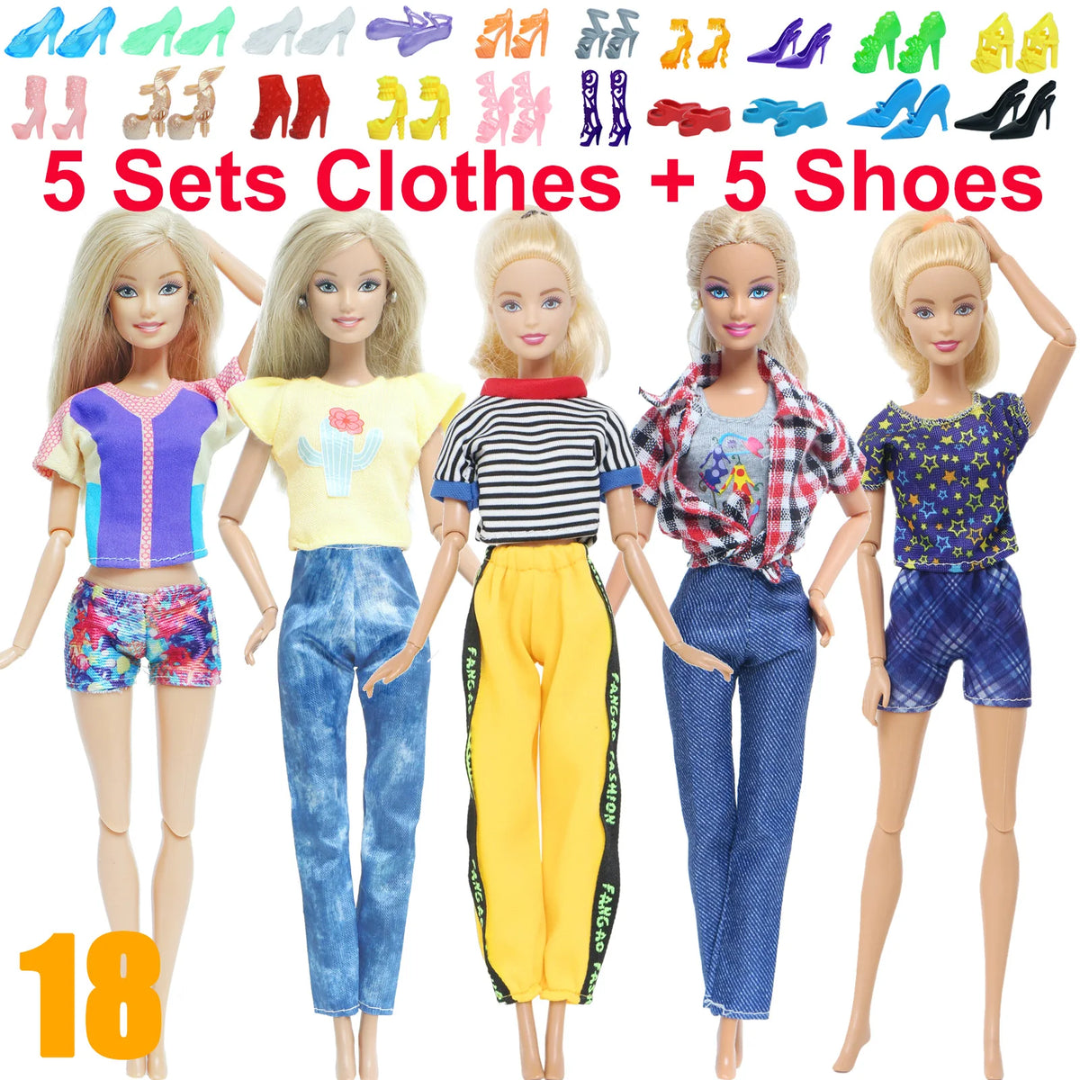 10-Piece 1/6 Scale Doll Clothes Set for 11.5–12 in (30 cm) Dolls — Dresses, Shirts, Pants & Shoes