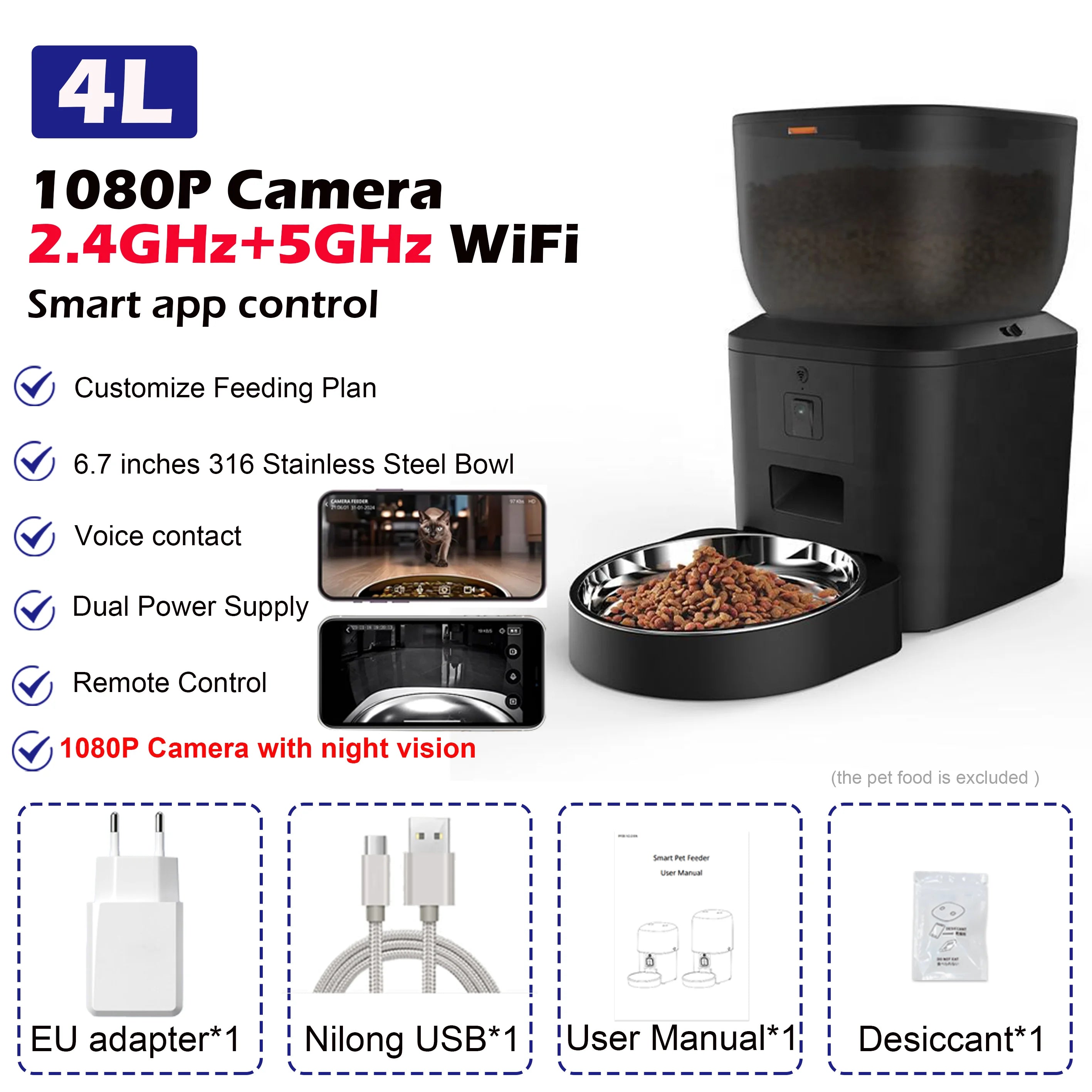 Smart 4L Automatic Pet Feeder with 1080P Camera & Night Vision, App-Controlled Voice Recorder Remote Feeding for Cats & Dogs