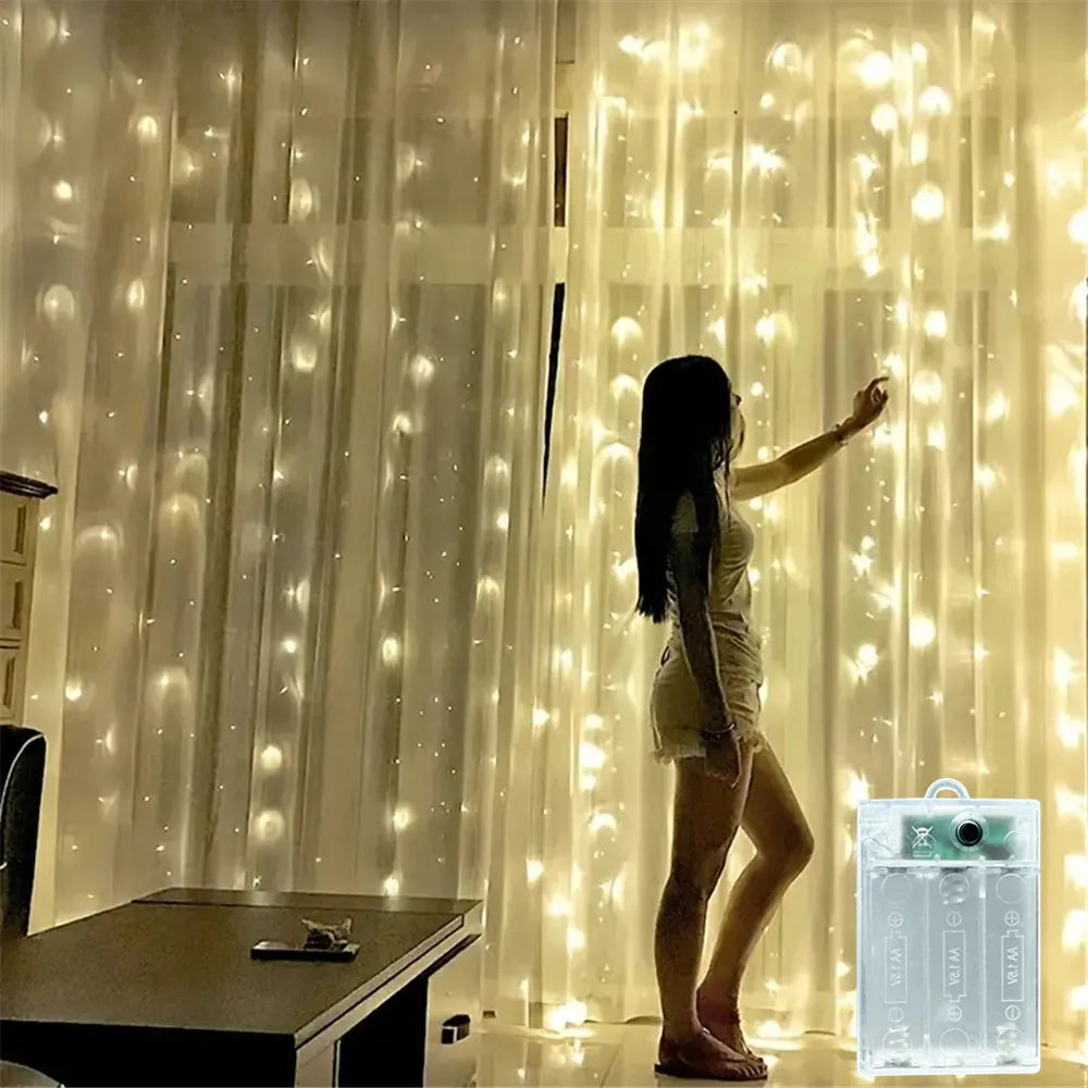 LED Curtain Fairy String Lights - Battery Powered 8-Mode Holiday & Christmas Decor, 100–600 LEDs, Sizes 3×1–6×3 m (9.8×3.3–19.7×9.8 ft)