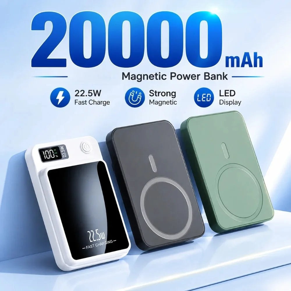 Magnetic 20000mAh Wireless Power Bank 20W Fast Charge with USB-C & Dual USB Ports - Portable Magnetic Charger for iOS & Android