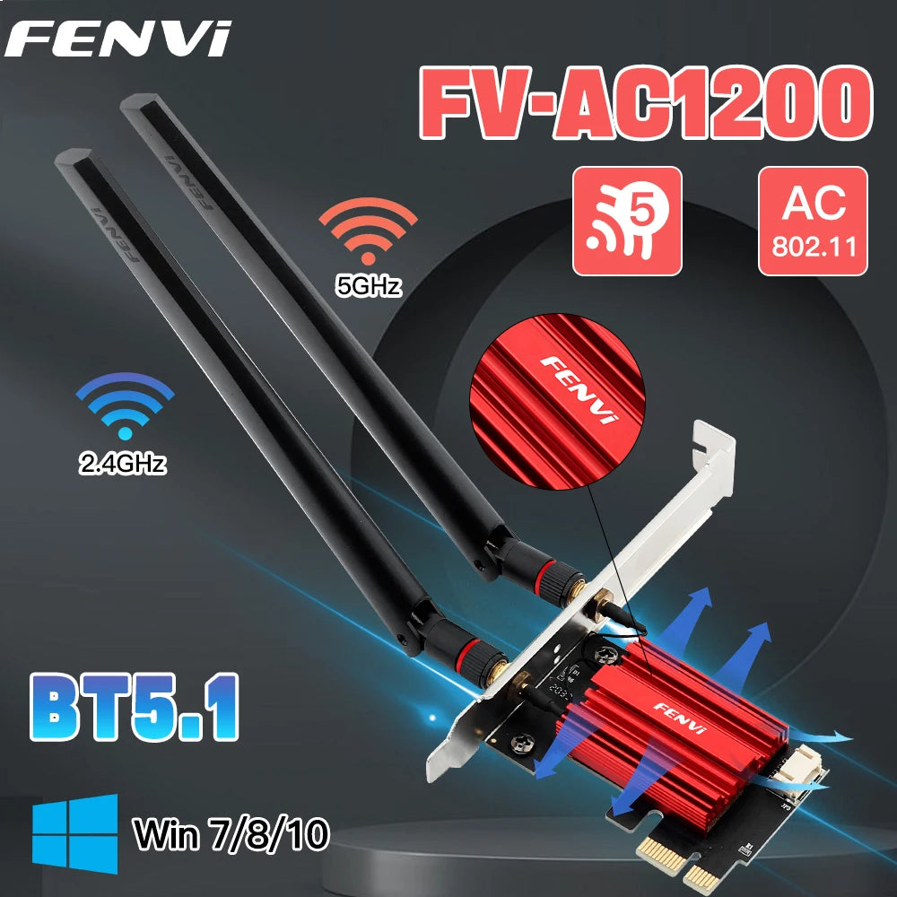AC1200 WiFi 5 PCIe Adapter Dual-Band 2.4/5GHz Wireless Network Card with Bluetooth for Desktop Windows 7/10/11