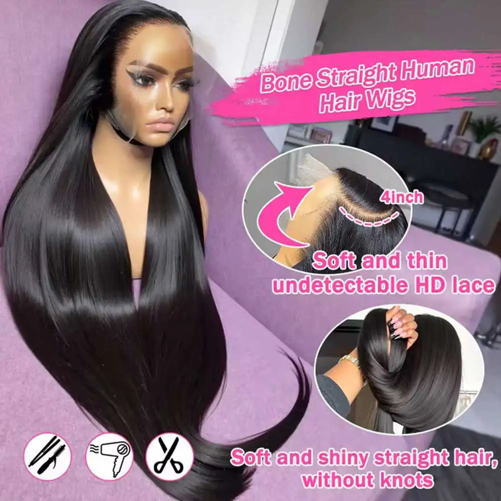40–42 in (102–107 cm) Bone Straight Human Hair Wig, 13x4 & 13x6 HD Lace Frontal, Glueless Remy Brazilian