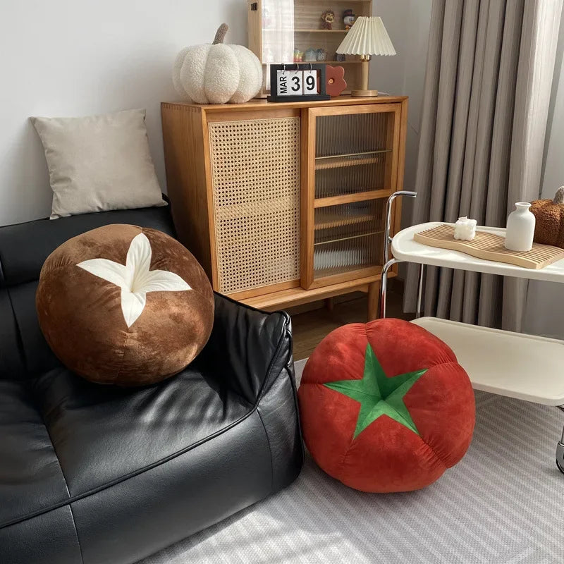 Thickened Round Seat Cushion Plush — Tomato Mushroom Persimmon Vegetable Pillow for Window Seat & Bedroom, Removable & Washable
