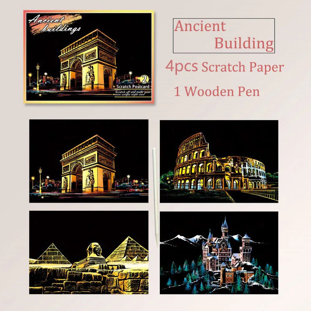 DIY Scratch Art Postcards A5 (20 x 14 cm | 7.9 x 5.5 in) 4‑Pack Night Scene Rainbow Scratch‑Off Sheets with Bamboo Stylus — Kids & Adult Craft Gift