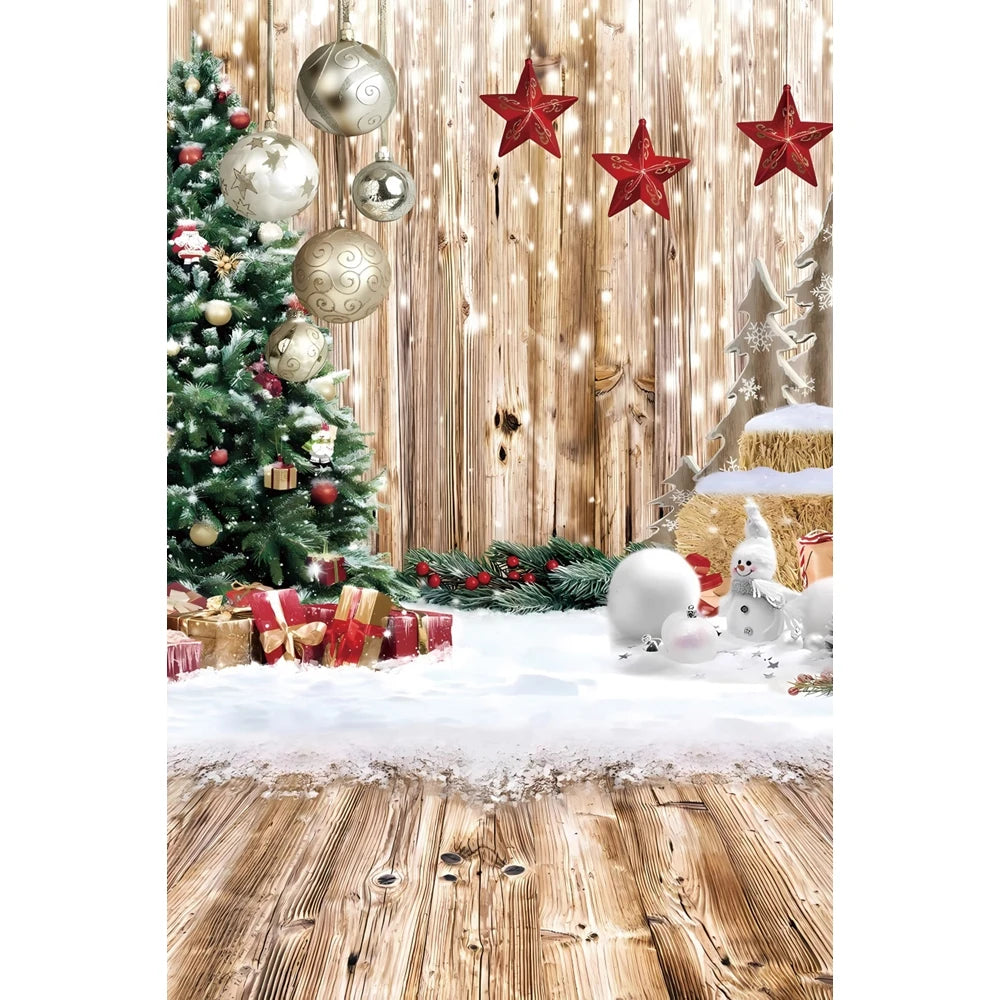 Christmas Photography Backdrop - Santa, Tree & Fireplace Winter Snow Wood Floor Portrait Background