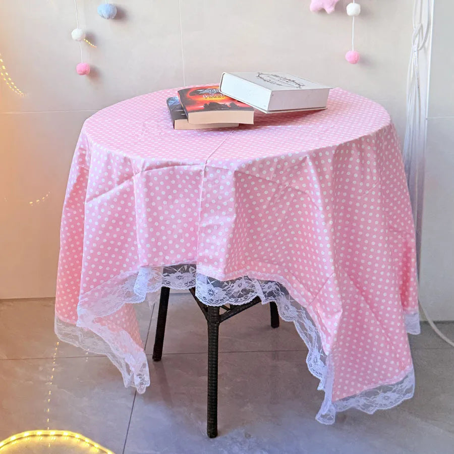 Pink Lace Plaid Rectangular Tablecloth with Pom Pom Trim for Kitchen & Dining, 63×39 in (160×100 cm) & 39×31.5 in (100×80 cm), Christmas Home Decor