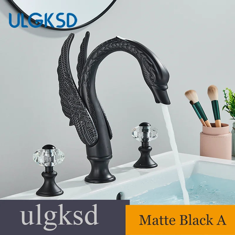 Golden Swan-Shaped Bathroom Faucet 3-Piece Basin & Tub Mixer with Dual Crystal Handles, Hot & Cold