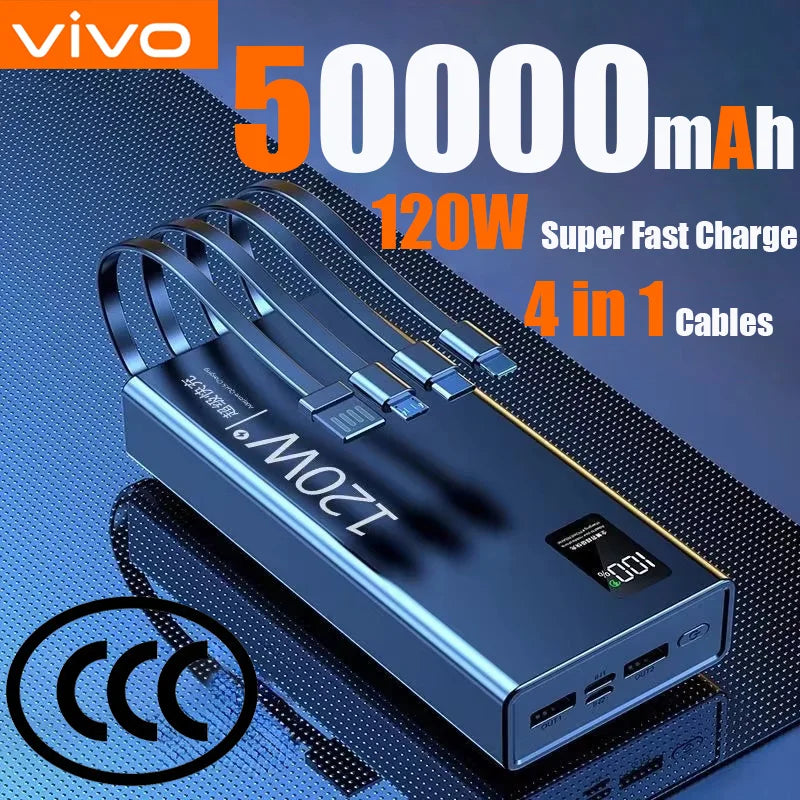 120W 50000mAh 4-in-1 Fast Charging Power Bank with Built-in Cables – Portable Charger for Smartphones & Tablets