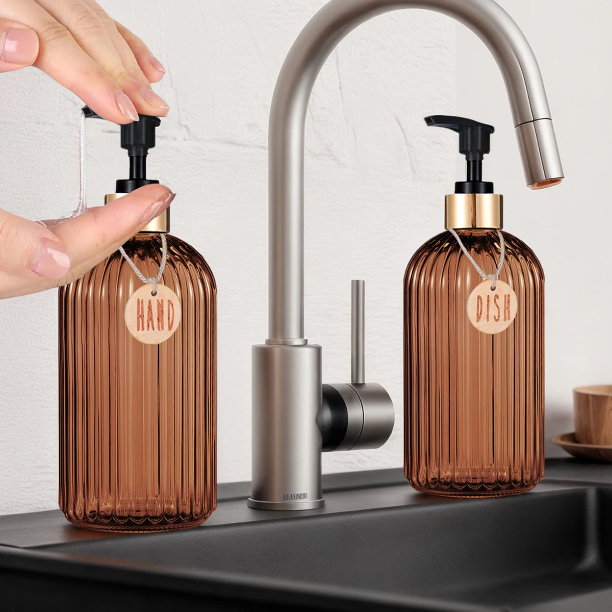 Amber Refillable Dish & Hand Soap Dispenser Bottle 500ml (16.9oz) Pump for Kitchen and Bathroom