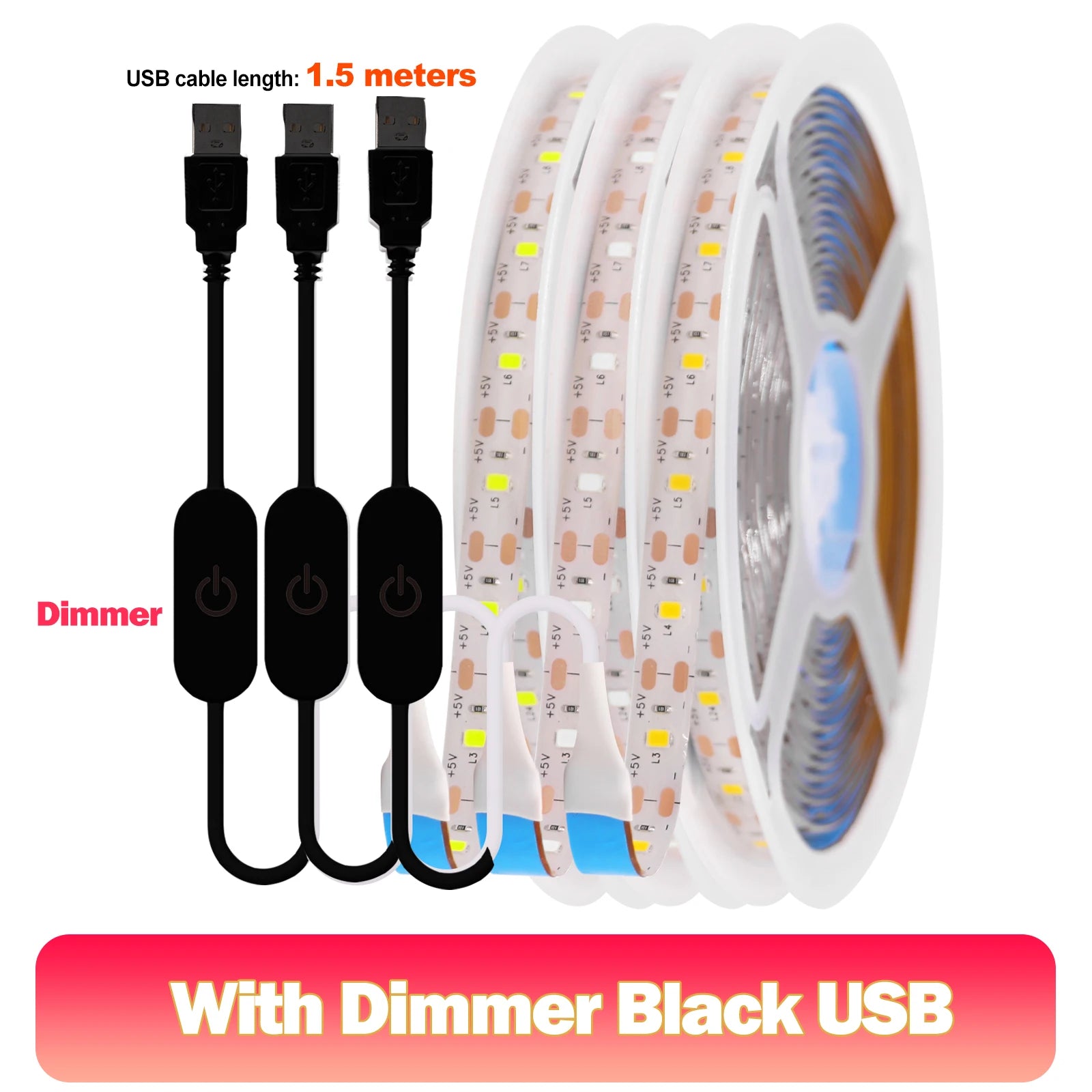 5V USB LED Strip Light 2835 SMD 60 LEDs/m Touch Dimmer Waterproof IP21/IP65 1m 3m 5m