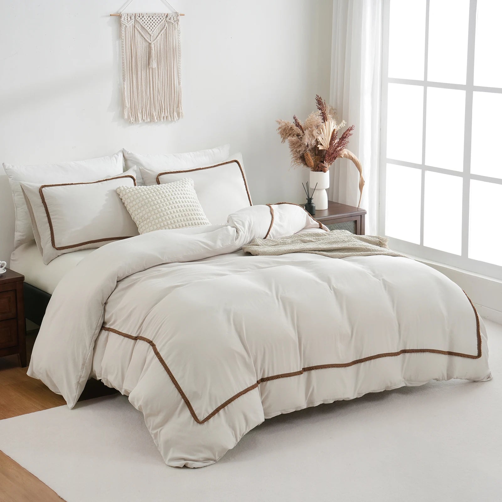 3-Piece White & Khaki Duvet Cover Set - Geometric Line Comforter Cover, Lightweight 100% Polyester, All-Season