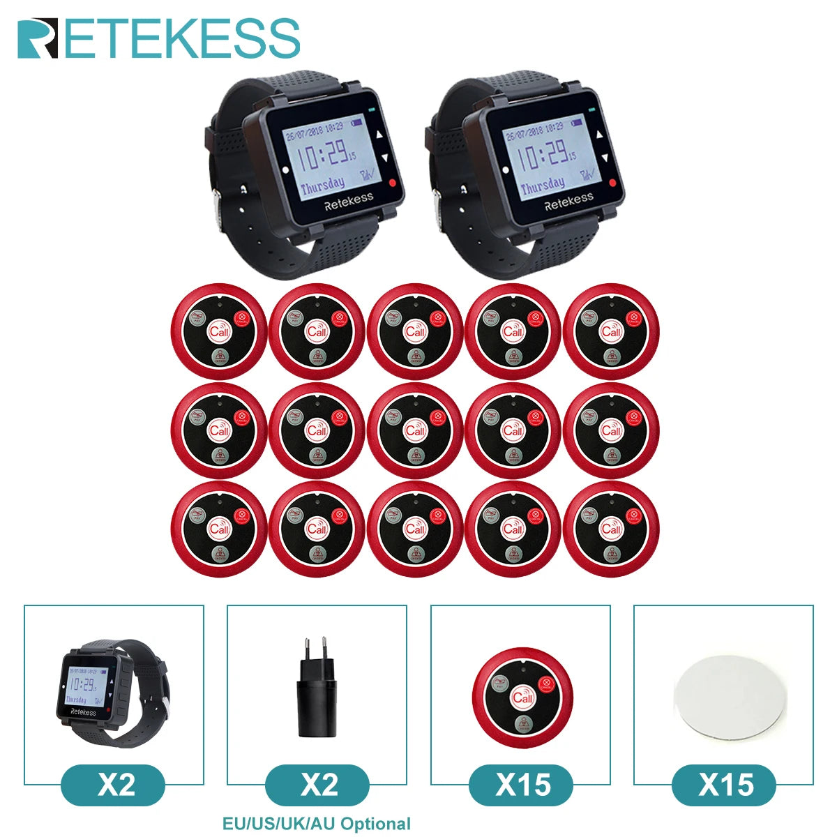 Wireless Waiter Calling System with Rechargeable Watch Receiver and Programmable Call Buttons – Restaurant Pager for Cafe Bar