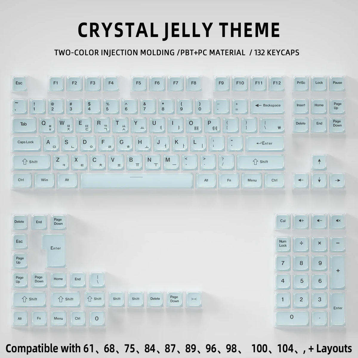 Crystal Jelly Keycap Set — Korean & English Side/Front Printed for Mechanical Keyboards | Pink, White & Blue — Fits 60%, 75%, 80%, 100% and Common Layouts