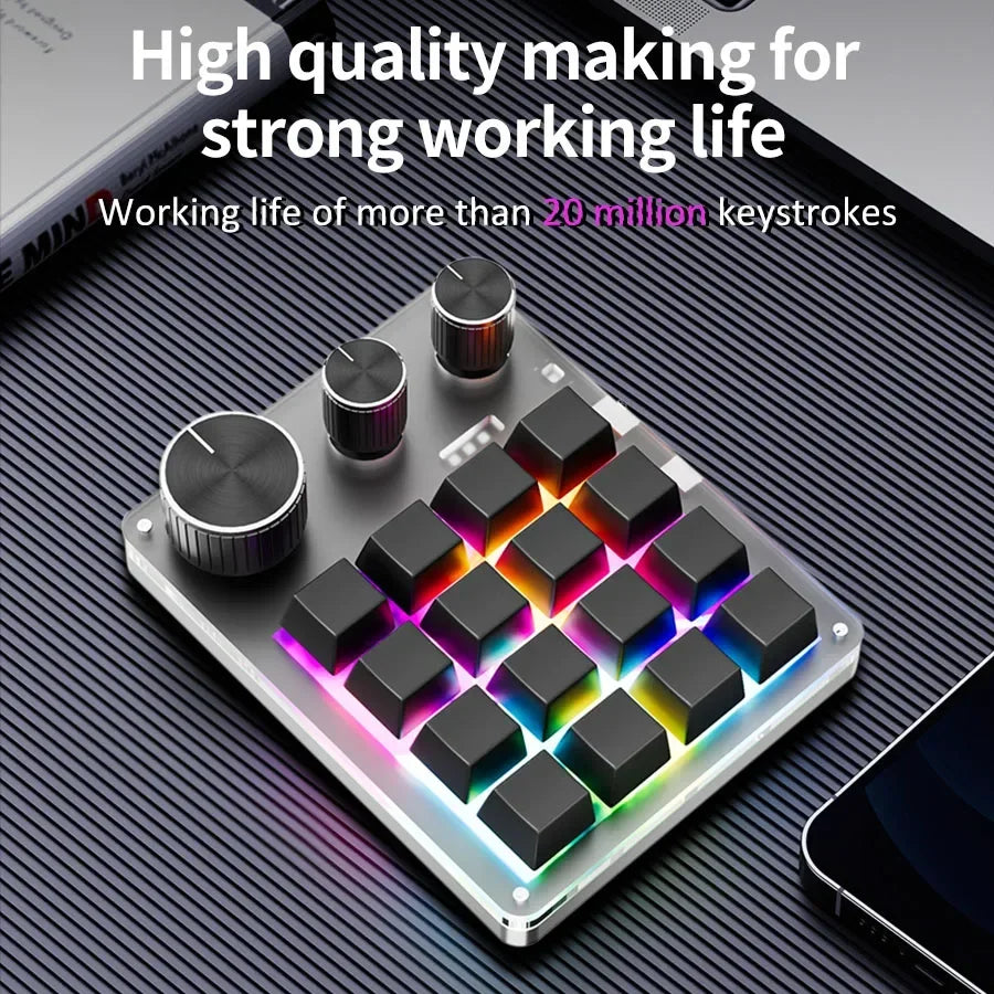 16-Key Mechanical Macro Keyboard with 3 Programmable Knobs, Volume Control, USB Wired, Bluetooth & 2.4G Wireless