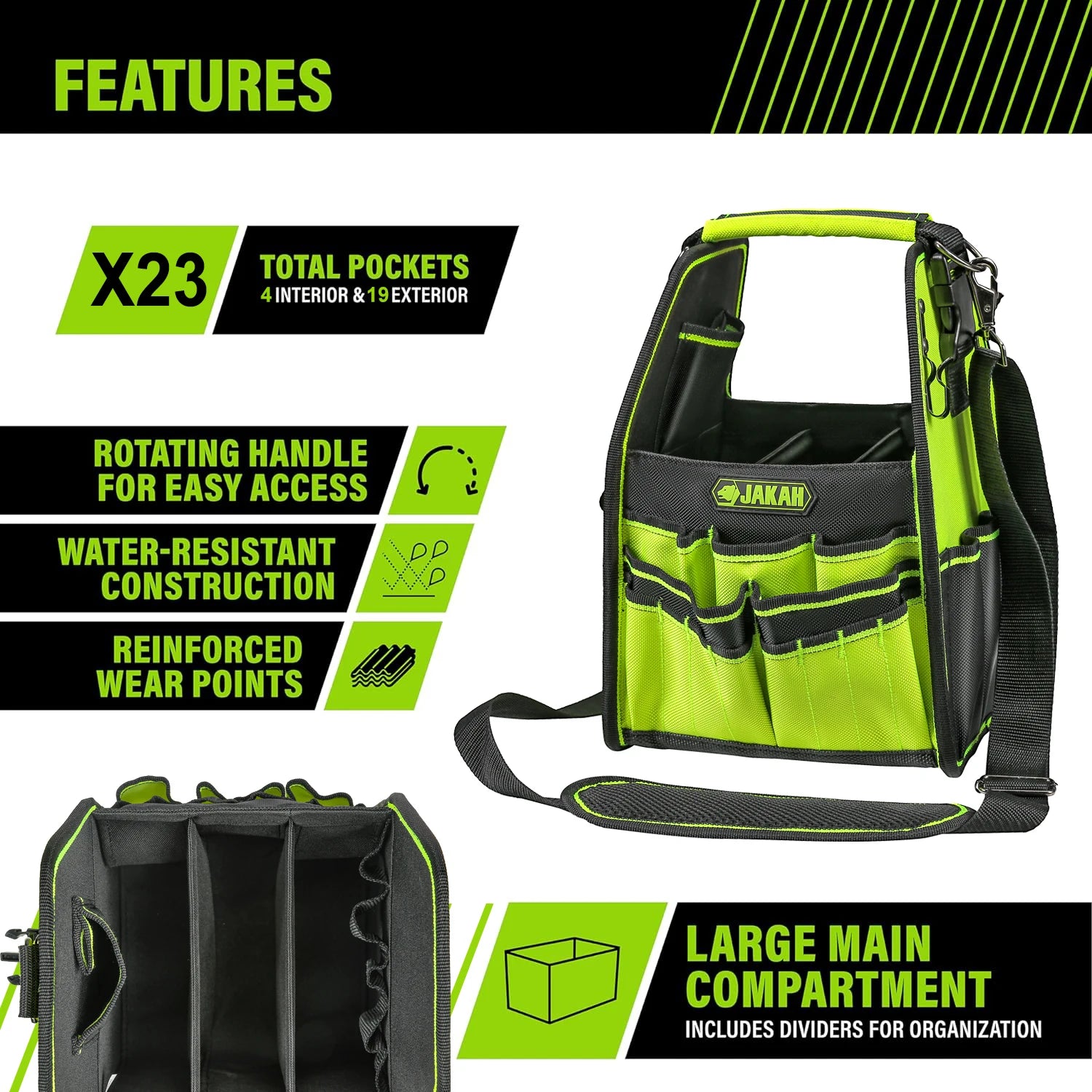 Open Tool Tote Bag with Adjustable Straps and Waterproof Base - Heavy Duty Tool Storage Organizer