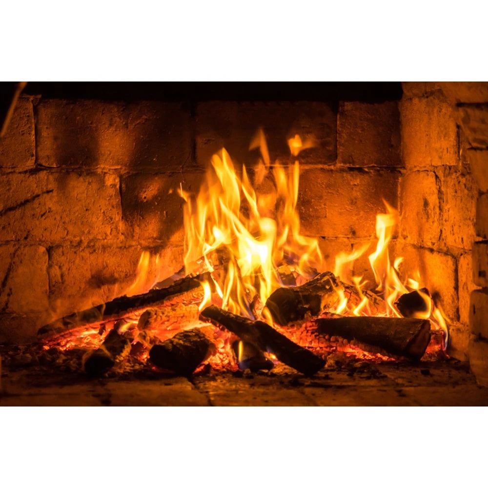 Christmas Fireplace Photography Backdrop - Burning Firewood Flame Brick Wall Photo Studio Background