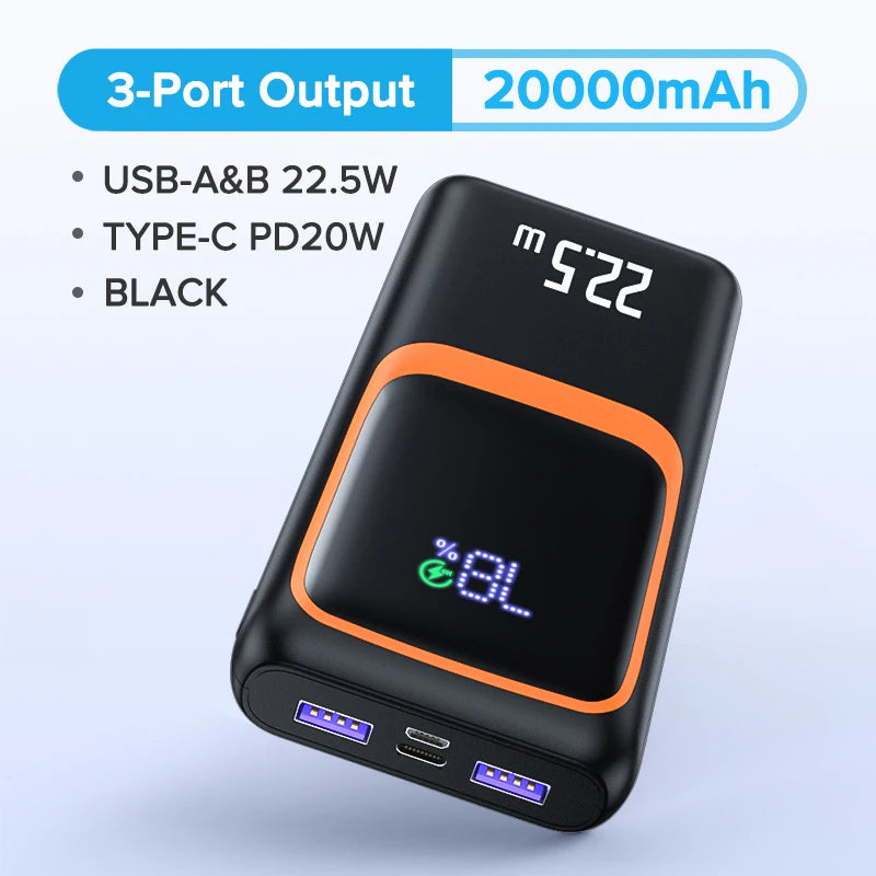 20000mAh Power Bank 22.5W Fast Charge PD 20W Portable Charger USB-C Dual USB-A LED Display Compatible with Android & iOS