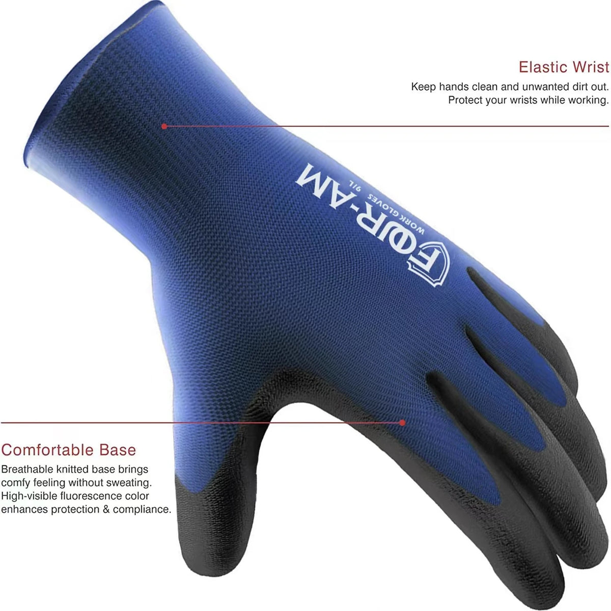 Single blue work glove highlighting elastic wrist and breathable base