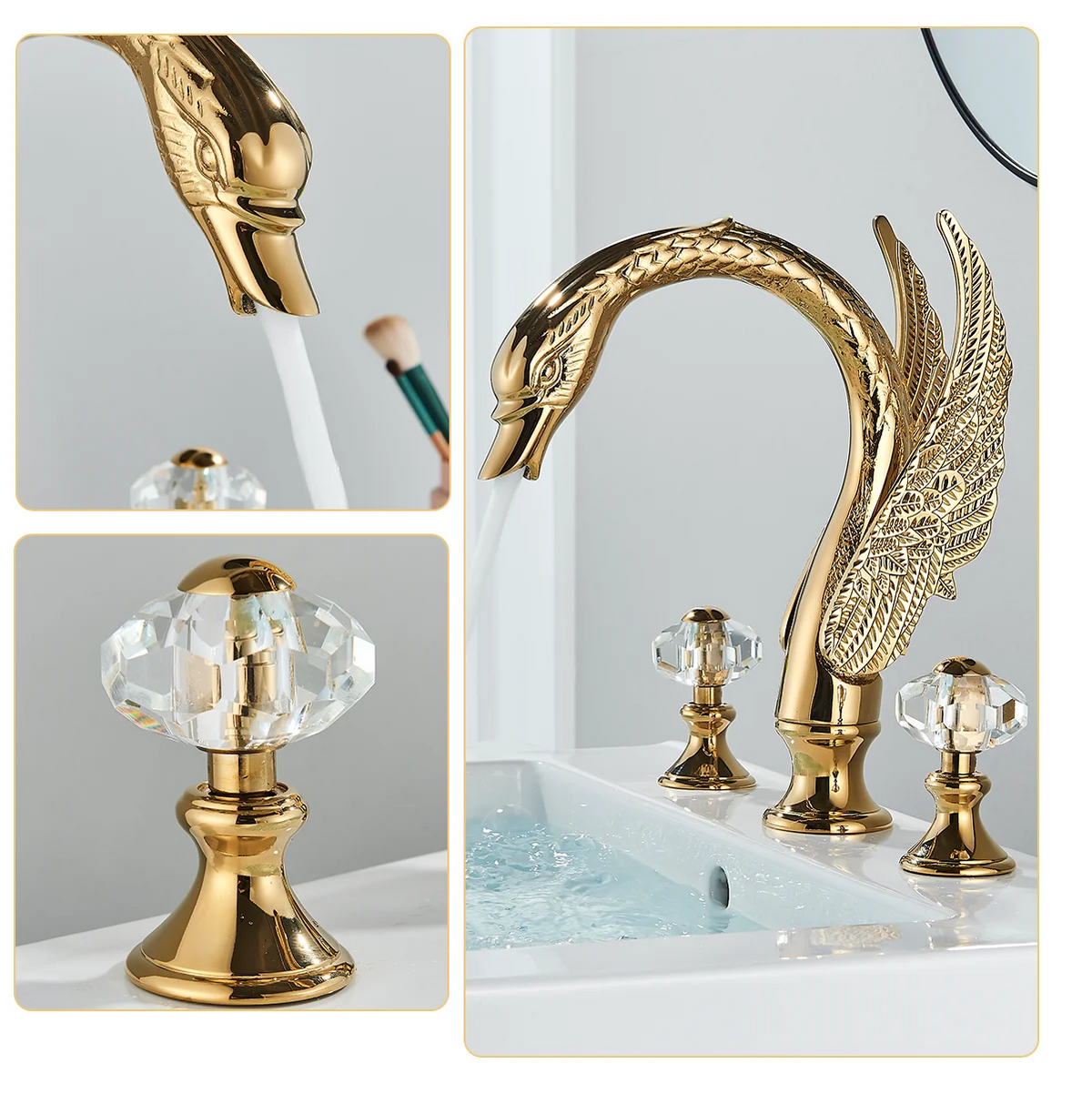 Golden Swan-Shaped Bathroom Faucet 3-Piece Basin & Tub Mixer with Dual Crystal Handles, Hot & Cold