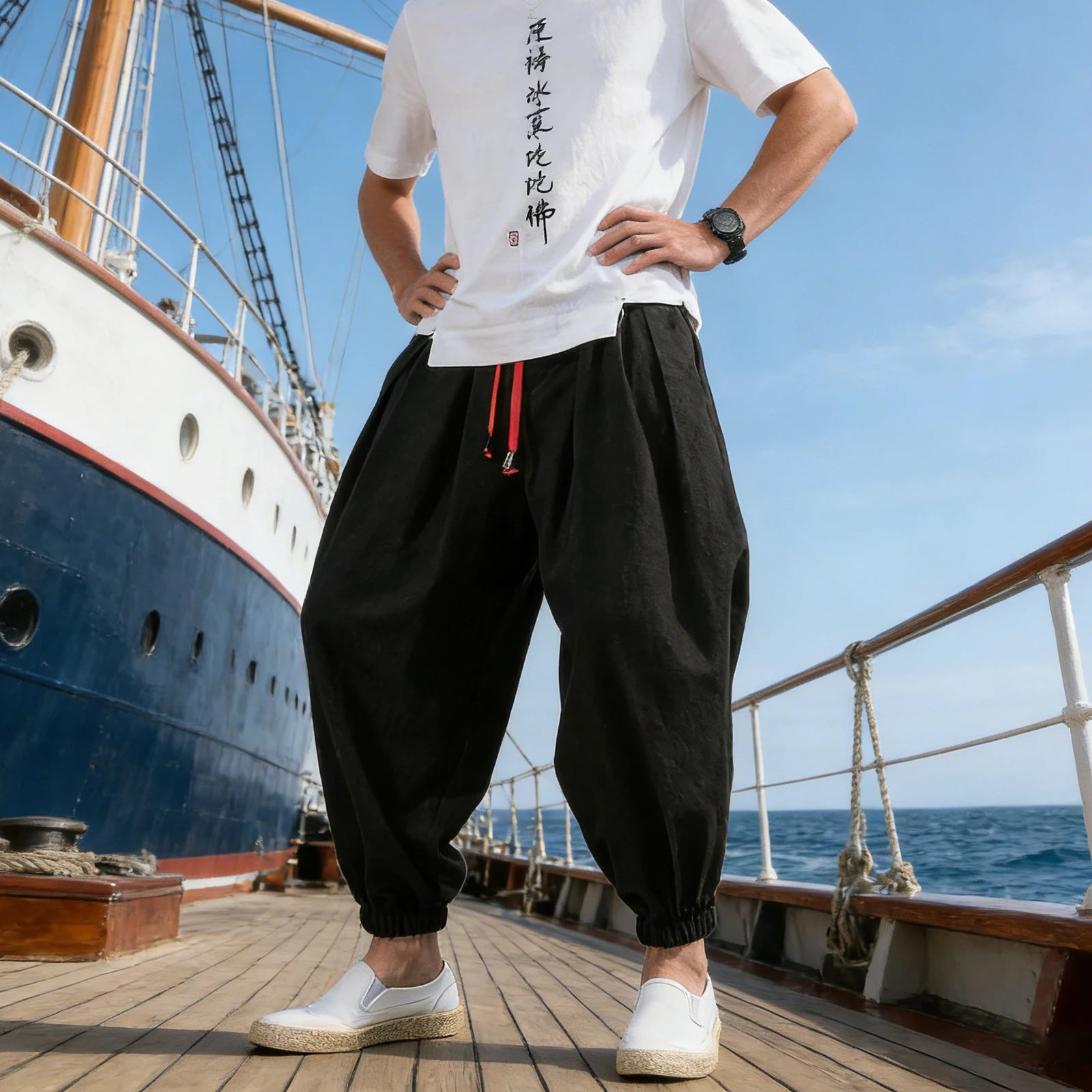 Men's Linen Ankle-Length Cropped Pants Elastic Waist Pleated Loose Beach Travel Casual Trousers