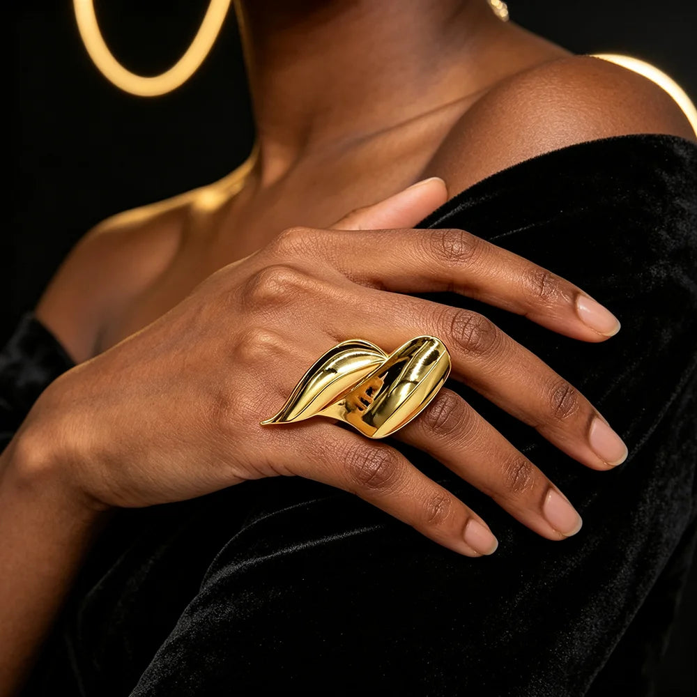 18K Gold-Plated Twisted Leaf Earrings & Ring Set view 3