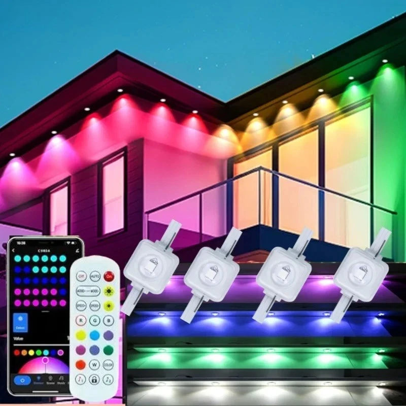 FanzyMarket Smart RGBIC outdoor LED strip lights, 49ft eave string lights with app control, remote, and voice for holiday and patio decor.