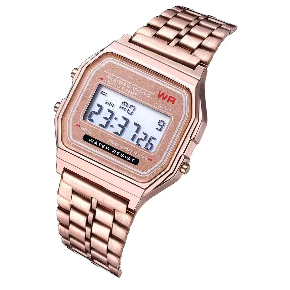 Luxury LED Digital Men's Stainless Steel Gold Watch Fashion Business Electronic Wristwatch