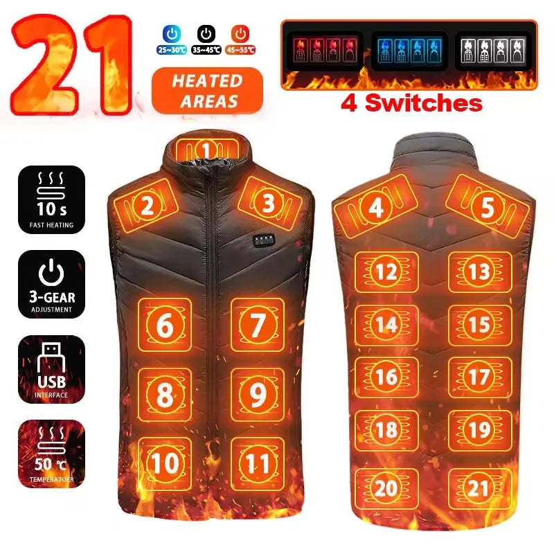 21-Zone Graphene USB Heated Vest – Unisex Electric Heated Jacket for Camping & Outdoor