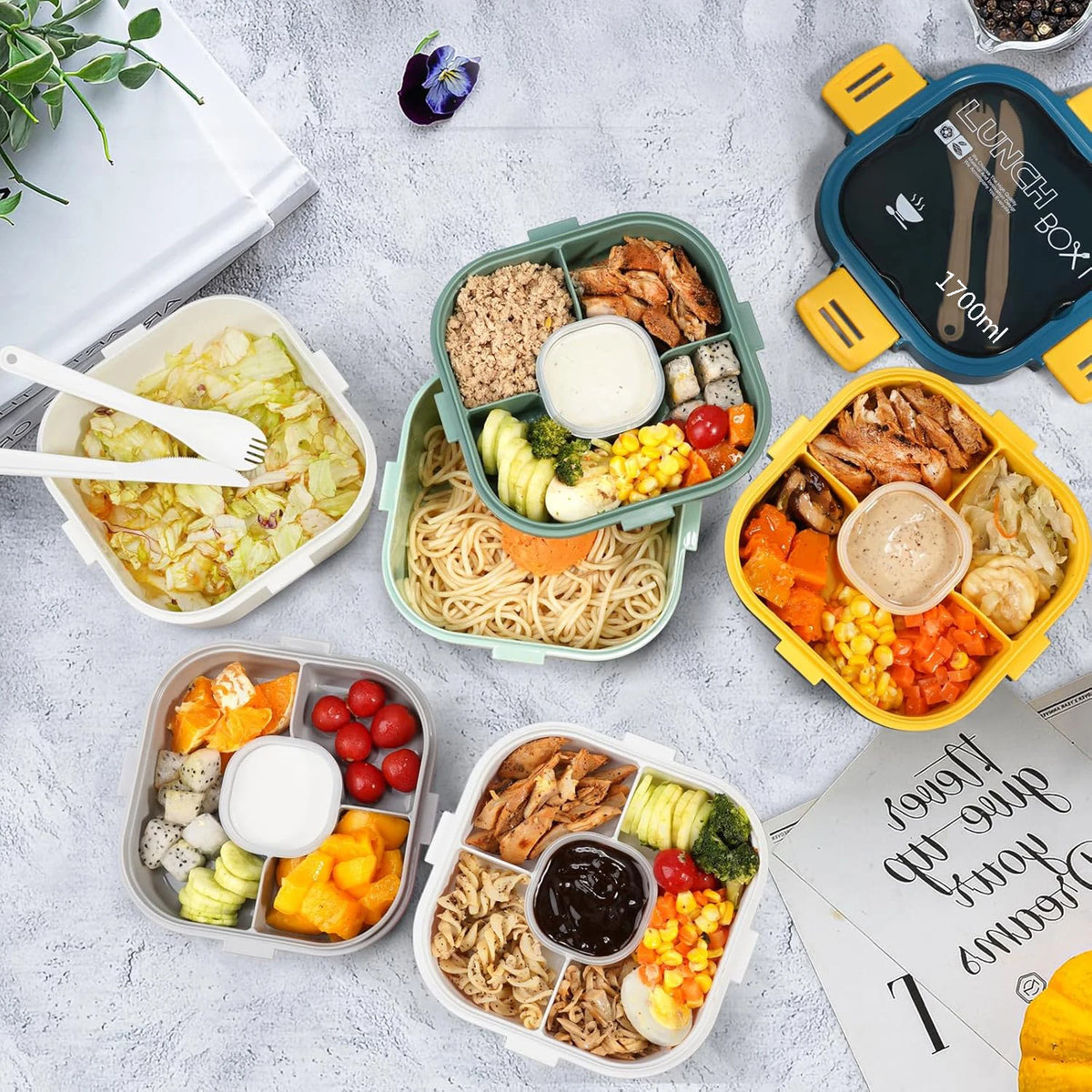 All-in-One Salad Lunch Container 50 fl oz (1.5 L) Stackable Bento Box – 3-Compartment Tray, Leak-Proof Dressing Cup & Reusable Utensils, Dishwasher & Microwave Safe