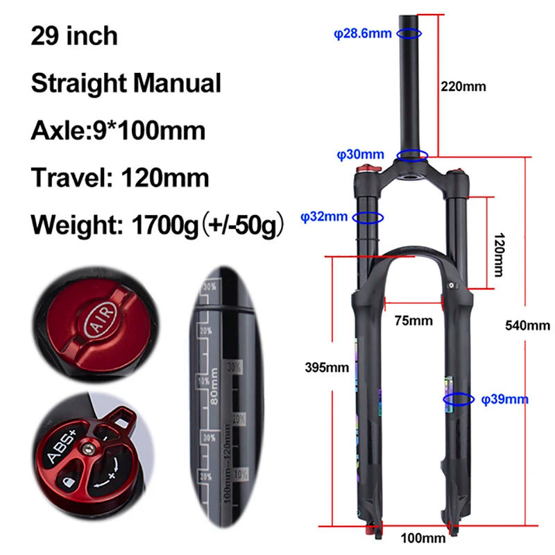 MTB Air Suspension Fork — 120mm Travel, Rebound Adjustable, 26/27.5/29 in, 9x100mm Quick Release, Disc Brake Compatible