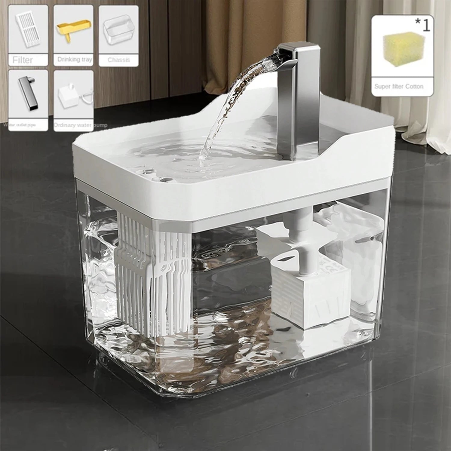 Automatic Cat Water Fountain 1.5L USB Recirculating Filtered Water Dispenser with Anti-Dry Pump, Transparent